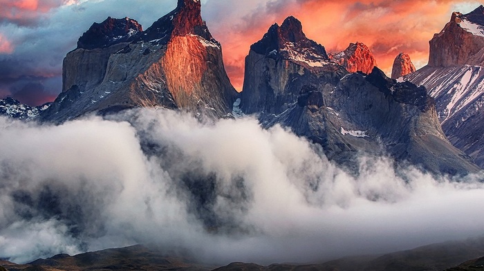 landscape, nature, sunrise, mountain, clouds, Torres del Paine, lake, Patagonia, Chile