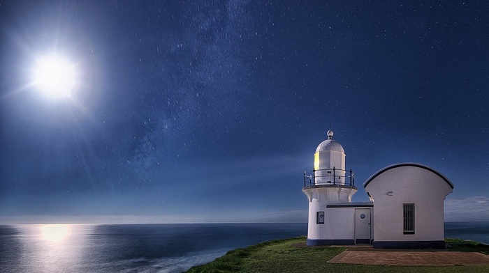 blue, nature, reflection, moon, space, lighthouse, landscape, starry night, moonlight, sea, planet
