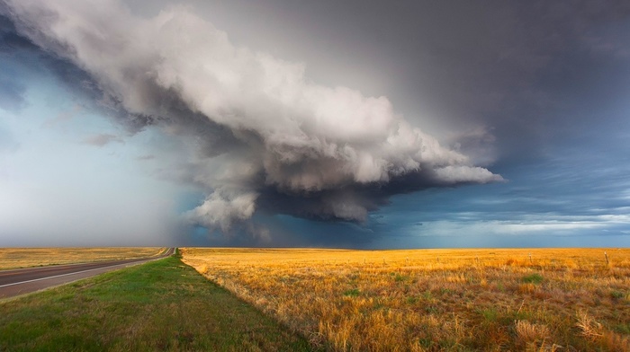 field, road, grass, supercell nature, landscape, nature, storm, clouds