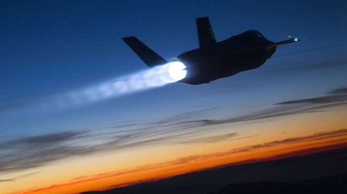 sunset, Jet, Lockheed Martin F, 35 Lightning II, clouds
