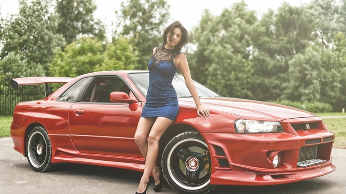 Nissan Skyline GT, R R34 Nismo, dress, girl, girl with cars, skyline, blue dress