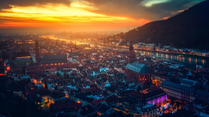 landscape, Heidelberg, Germany, castle, mountain, river, sky lanterns, cityscape, city, sunlight