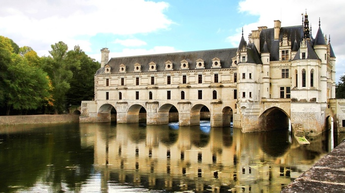 reflection, Chteau de Chenonceau, France, bridge, landscape