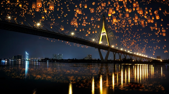 reflection, night, sky lanterns, landscape, bridge