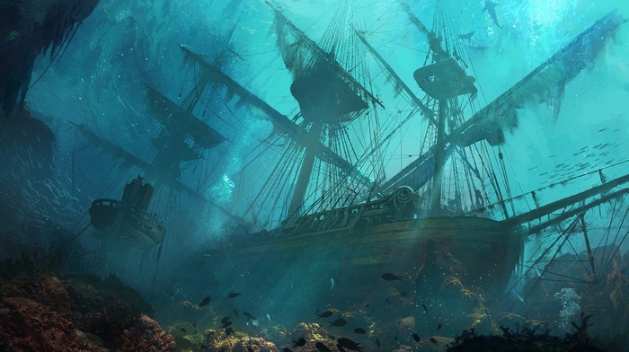 sea, fantasy art, ship, sinking ships, drawing