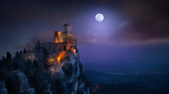 landscape, San Marino, Guaita Fortress, nature, night, castle