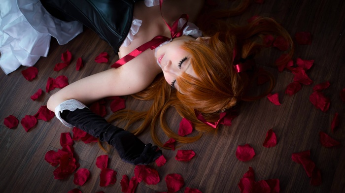 Hayari Cosplay, lying on back, girl, Asian, skirt, redhead, on the floor, flower petals, wooden surface, model, Asuka Langley Soryu, bare shoulders, closed eyes, long hair