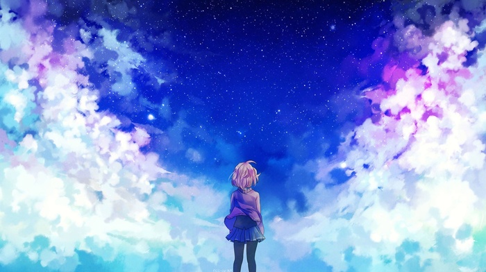 clouds, anime girls, Kyoukai no Kanata, stars
