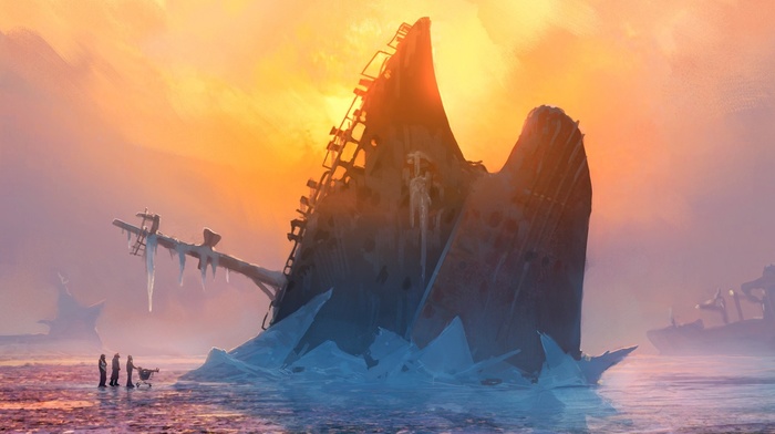 digital art, artwork, shipwreck, romantically apocalyptic, ice, ship