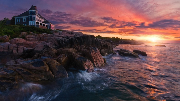 coast, sunrise, sea, rock, Maine, nature, landscape, house