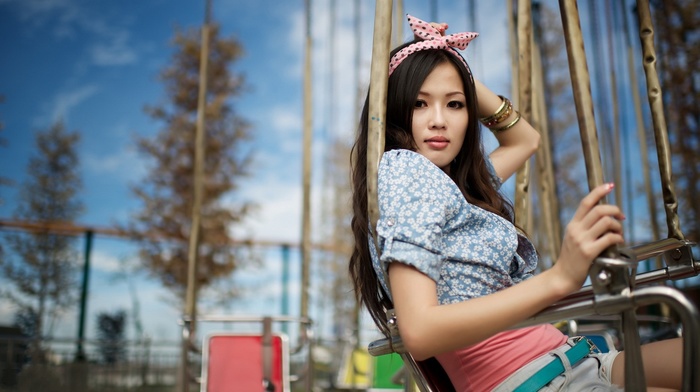 Asian, model, trees, playground, girl