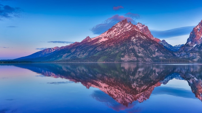nature, landscape, lake, reflection, forest, blue, snowy peak, water, sunrise, mountain
