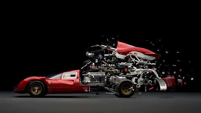 engines, gears, brake, black background, Ferrari, pipes, motors, wheels, photo manipulation
