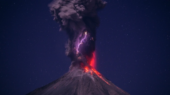 eruptions, lightning, long exposure, smoke, lava, night, landscape, volcano, stars, nature, explosion