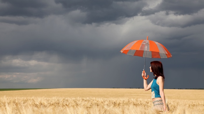 overcast, model, girl, dry grass, umbrella, nature