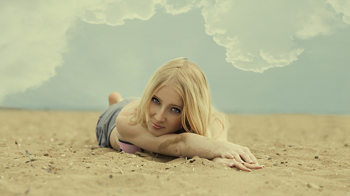 sand, blonde, clouds, model, girl