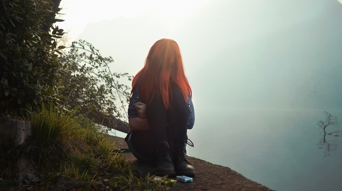 girl, redhead, cliff, sitting