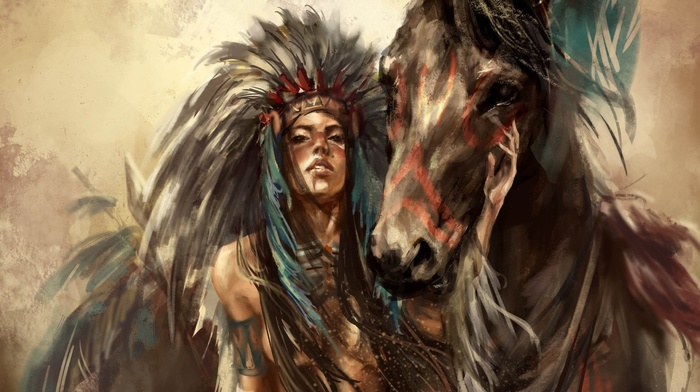 artwork, girl, painting, horse