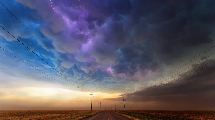 nature, clouds, road, lightning