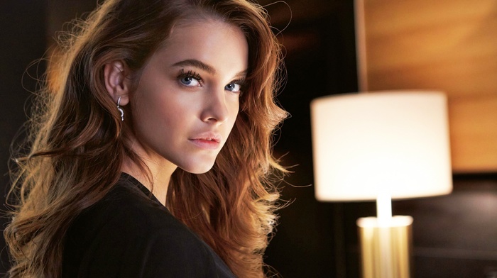 Barbara Palvin, black dress, lamps, blue eyes, face, open mouth, long hair, model, looking at viewer, girl, brunette