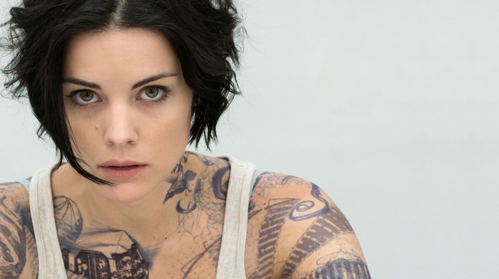 Jaimie Alexander, simple background, tattoo, brunette, tank top, face, model, short hair, girl, brown eyes, actress, looking at viewer, open mouth