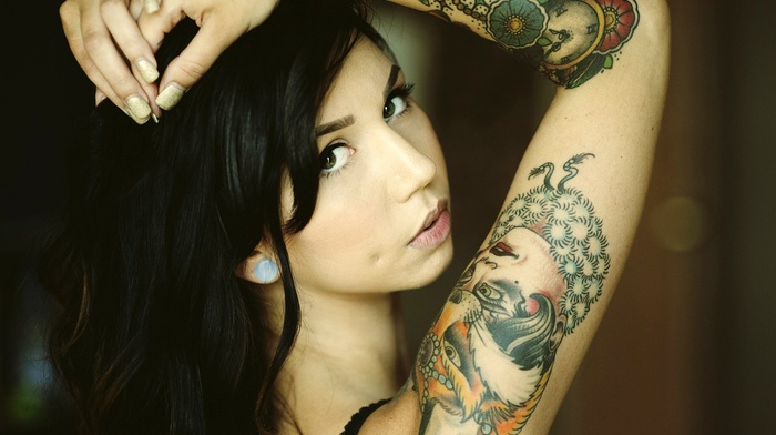 hands on head, piercing, model, looking at viewer, brunette, long nails, face, bare shoulders, girl, tattoo, long hair