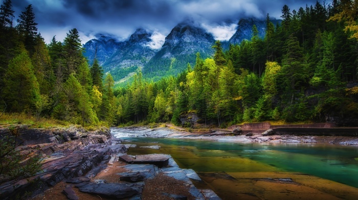 mountain, river, landscape, spring, green, forest, trees, clouds, nature