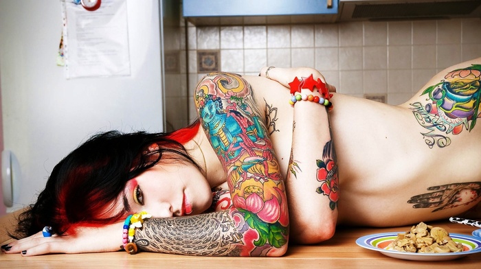 kitchen, painted nails, bracelets, dyed hair, strategic covering, nude, colorful, girl, black nails, lying down, piercing, tattoo, jane doe suicide, pierced lip