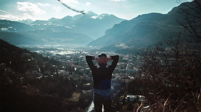 mountain, town, men, grass, nature