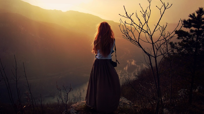 nature, girl, mountain, grass, river