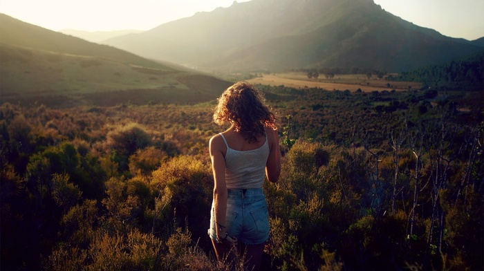 girl, Sun, nature, grass, mountain