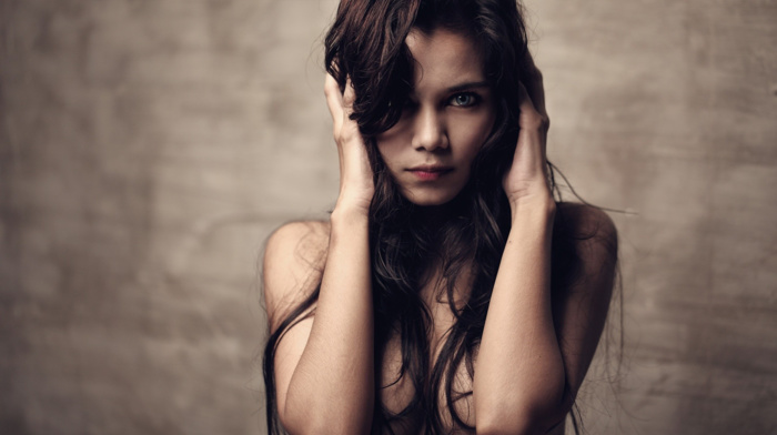 girl, brunette, face, long hair