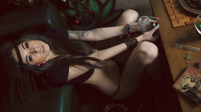 face, looking at viewer, black hair, tattoo, model, legs, long hair, panties, Diana Melison, girl, cannabis