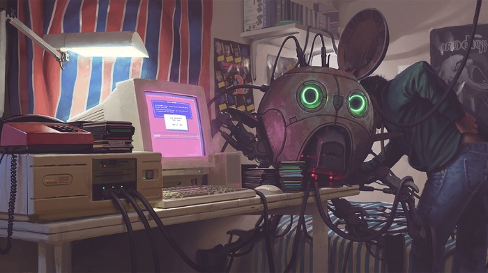 robot, cyberpunk, Simon Stlenhag, The Prodigy, drawing