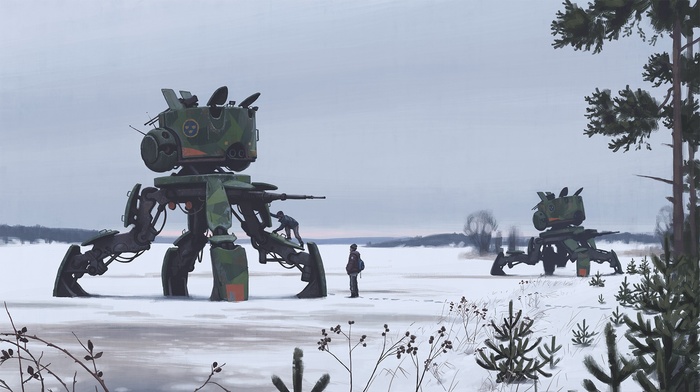 robot, Simon Stlenhag, apocalyptic, drawing, futuristic