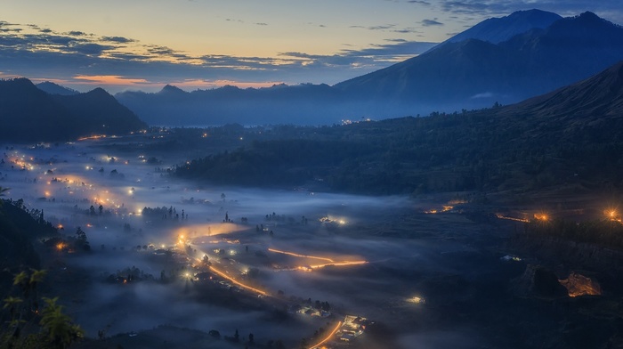 sunrise, landscape, cityscape, lights, clouds, blue, mist, nature, mountain