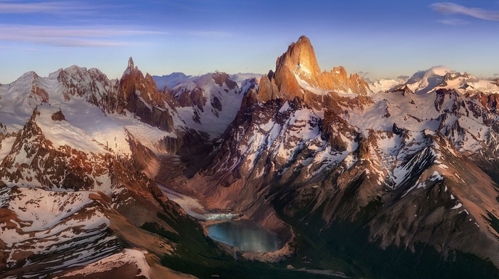 Andes, Argentina, mountain, sunrise, nature, Patagonia, lake, snowy peak, landscape, aerial view