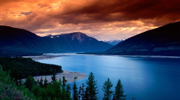 green, mountain, clouds, lake, gold, sunset, nature, blue, landscape, water, forest