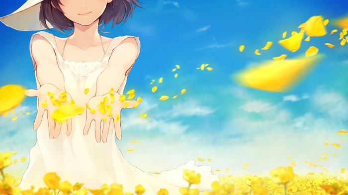 sky, flowers, anime girls