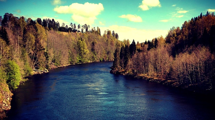 mountain, river, Sundsvall, trees, water, landscape, Sweden
