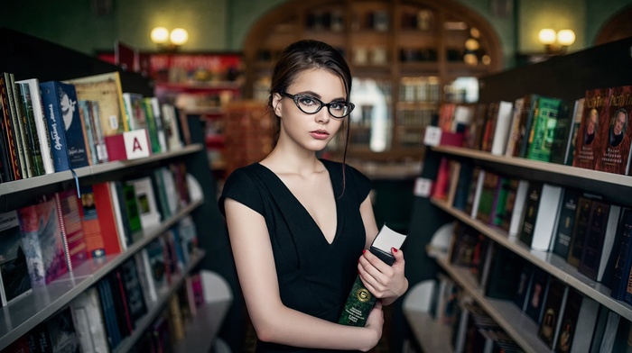 girl, library, books