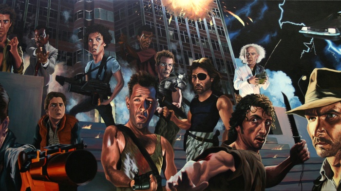Indiana Jones, back to the future, Terminator, Rambo, Escape from New York, Die Hard, Alien movie, movies, Hollywood, caricature
