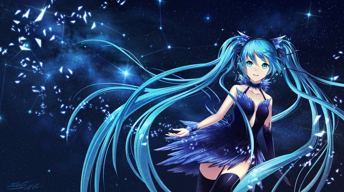 ribbon, crying, twintails, space, Vocaloid, blue dress, Hatsune Miku, stars, headphones, anime, long hair, thigh, highs, anime girls