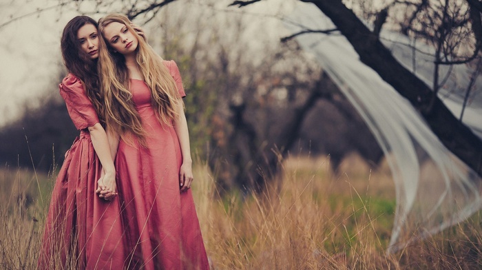 dry grass, dress, trees, girl, nature, model