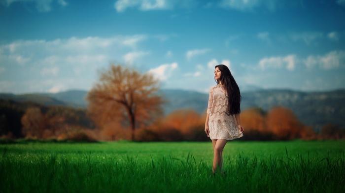 mountain, model, trees, girl, nature