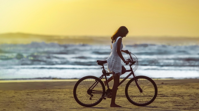 sea, bicycle, girl, beach, model