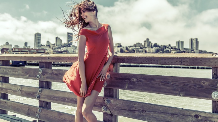 wind, city, model, red dress, girl