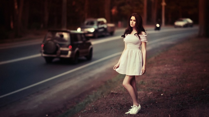 girl, grass, depth of field, road, dress, white dress, Converse