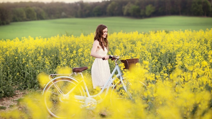 Rapeseed, yellow flowers, model, girl, field, bicycle