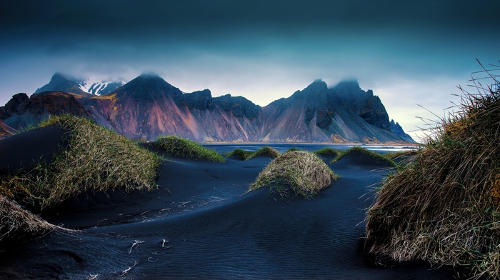 grass, dune, cliff, beach, clouds, nature, mountain, landscape, sand, black, Iceland